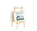 An easel with two whiteboards mounted in landscape orientation at low height, and a children’s picture attached with magnets onto one of the whiteboards
