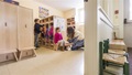 Children and teacher in a classroom with wooden cubbies, benches, and storage units.
