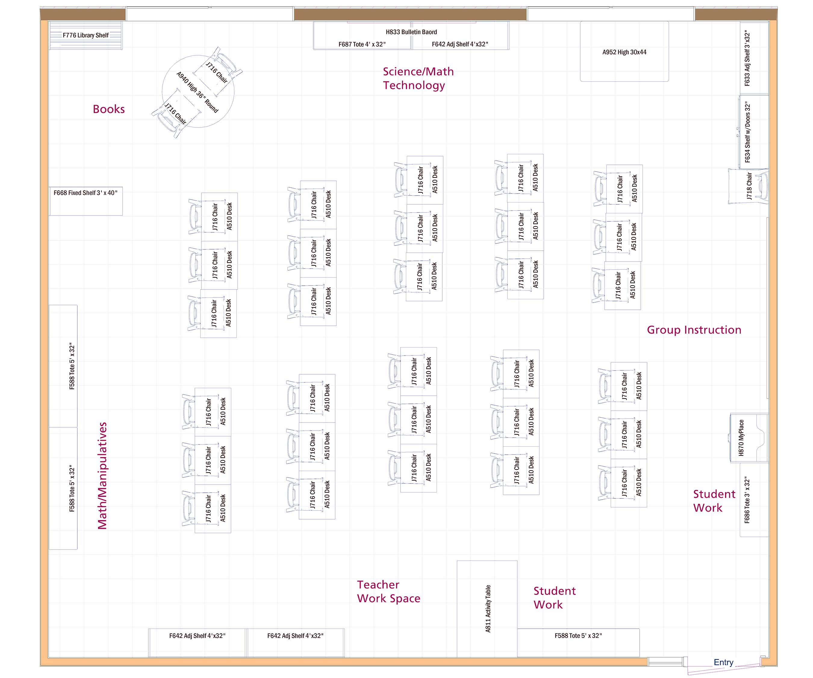 Overhead 2D classroom layout for elementary 5th-8th grade with various furniture and activity zones.