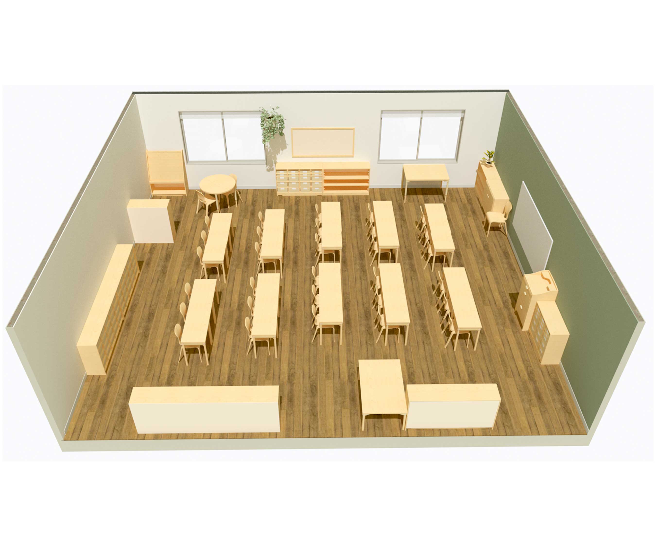 Overhead 3D rendering of an elementary classroom with rows of tables and chairs, and various storage units.