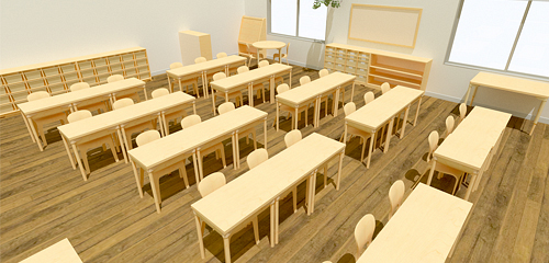 A classroom with rows of light wood tables and chairs, storage units, and a round table.