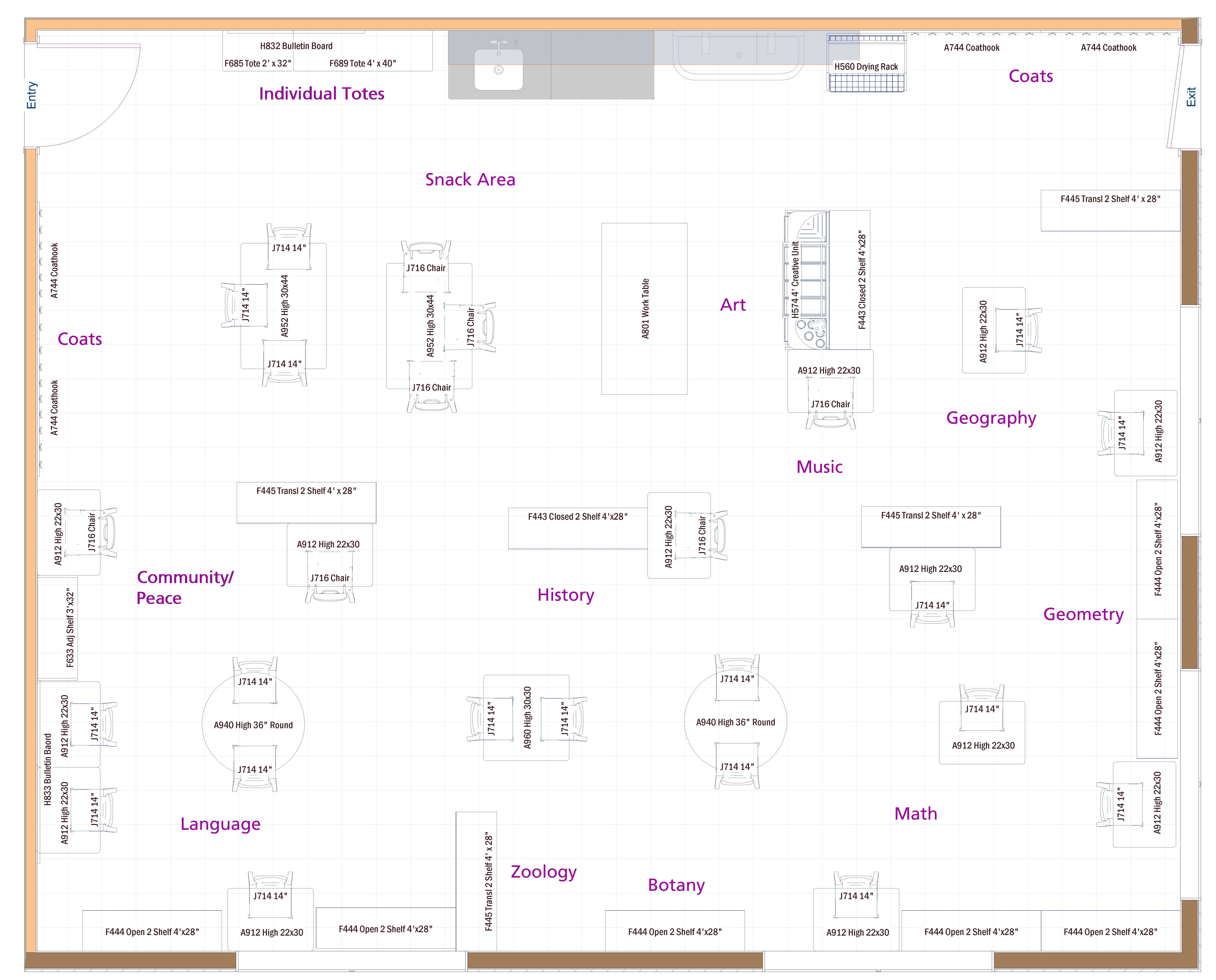 Floor layout for Montessory Elementary classroom
