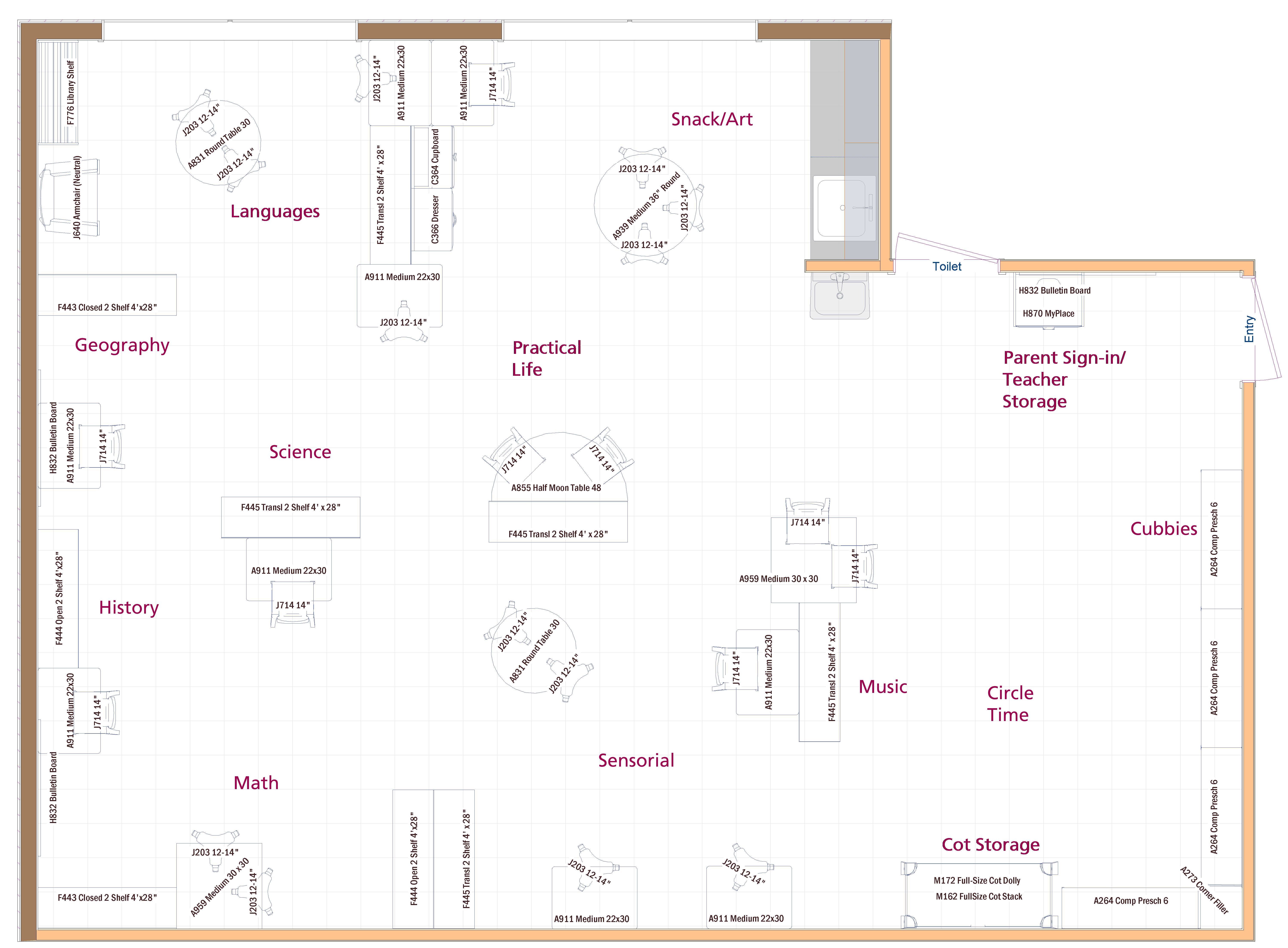 Floor layout for Montessory Primary classroom