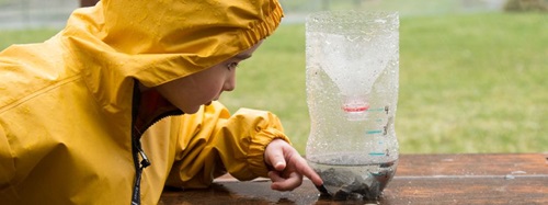 child looking at a rain gauge