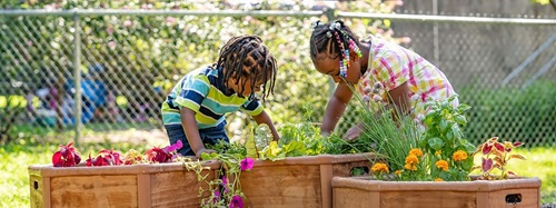 Two young children with dark skin and hair tend to plants in wooden raised garden beds outdoors.
