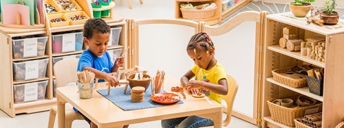 Two children playing with natural materials at a light wood table in a classroom.