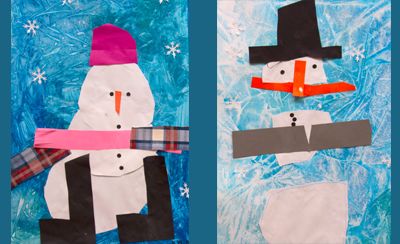 Two snowmen glued onto Saran wrap art background
