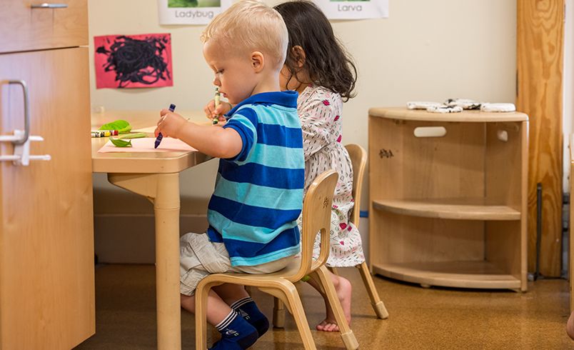 Two children seated on Woodcrest Chairs at a table, coloring with crayons