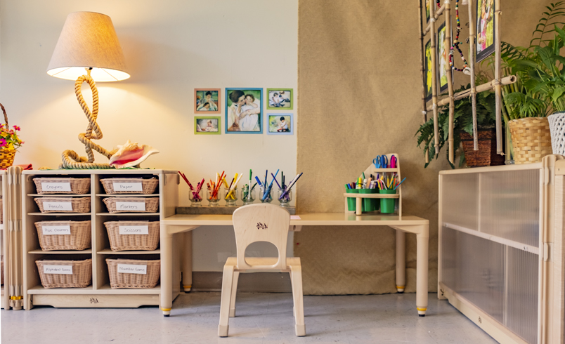 An art corner set-up with chairs and a lamp