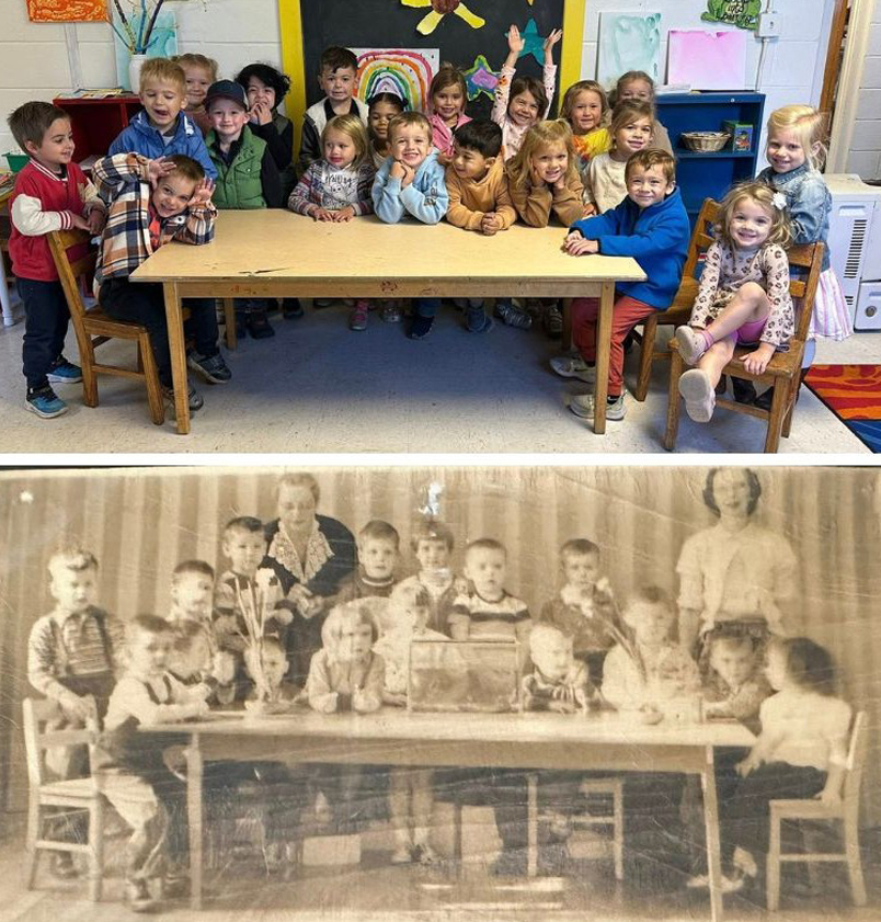 Two class photos around Community Playthings table taken 50 years apart