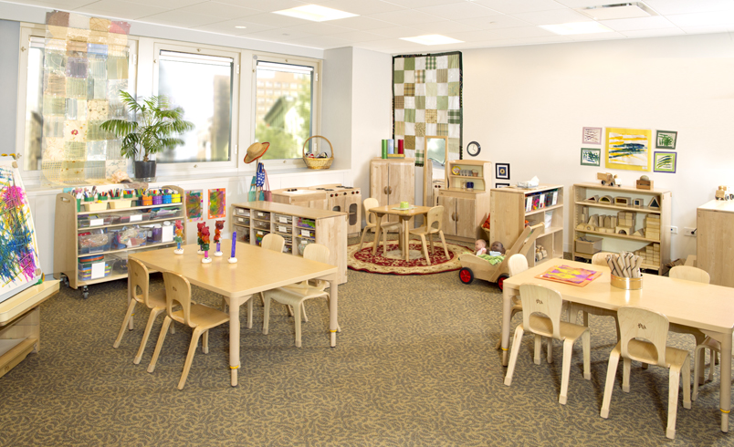 Empty classroom of Community Playthings furniture