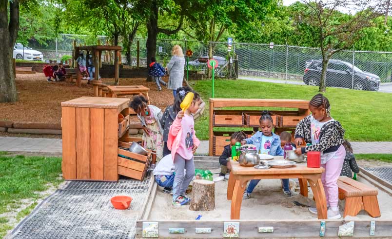 Playground with children deeply engaged in sand play in foreground and others in gross motor play in distance