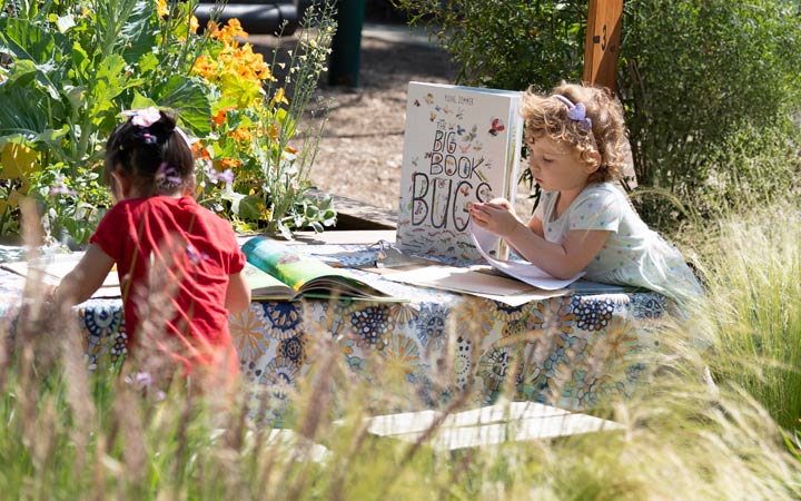 Two children looking at books in their outdoor literacy space