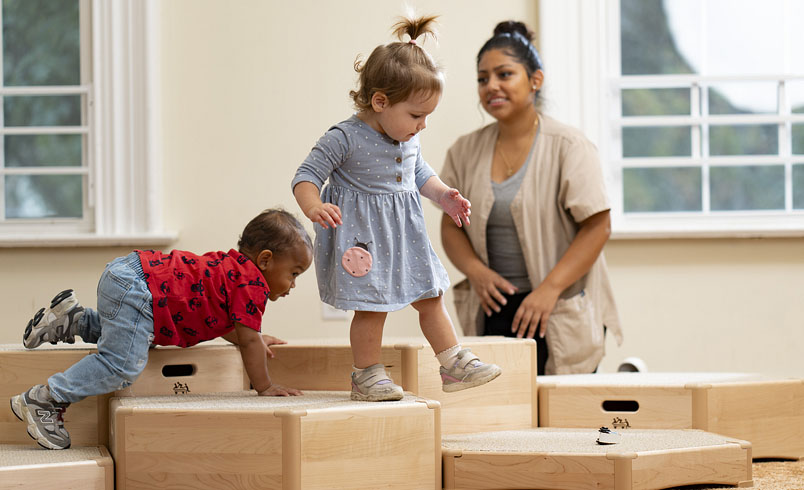 Two children climbing on Toddler Beehive set with teacher watching