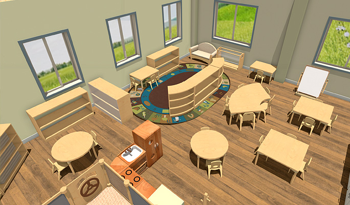 Overhead view of a classroom with wooden furniture, including tables, chairs, shelves, and a play kitchen.