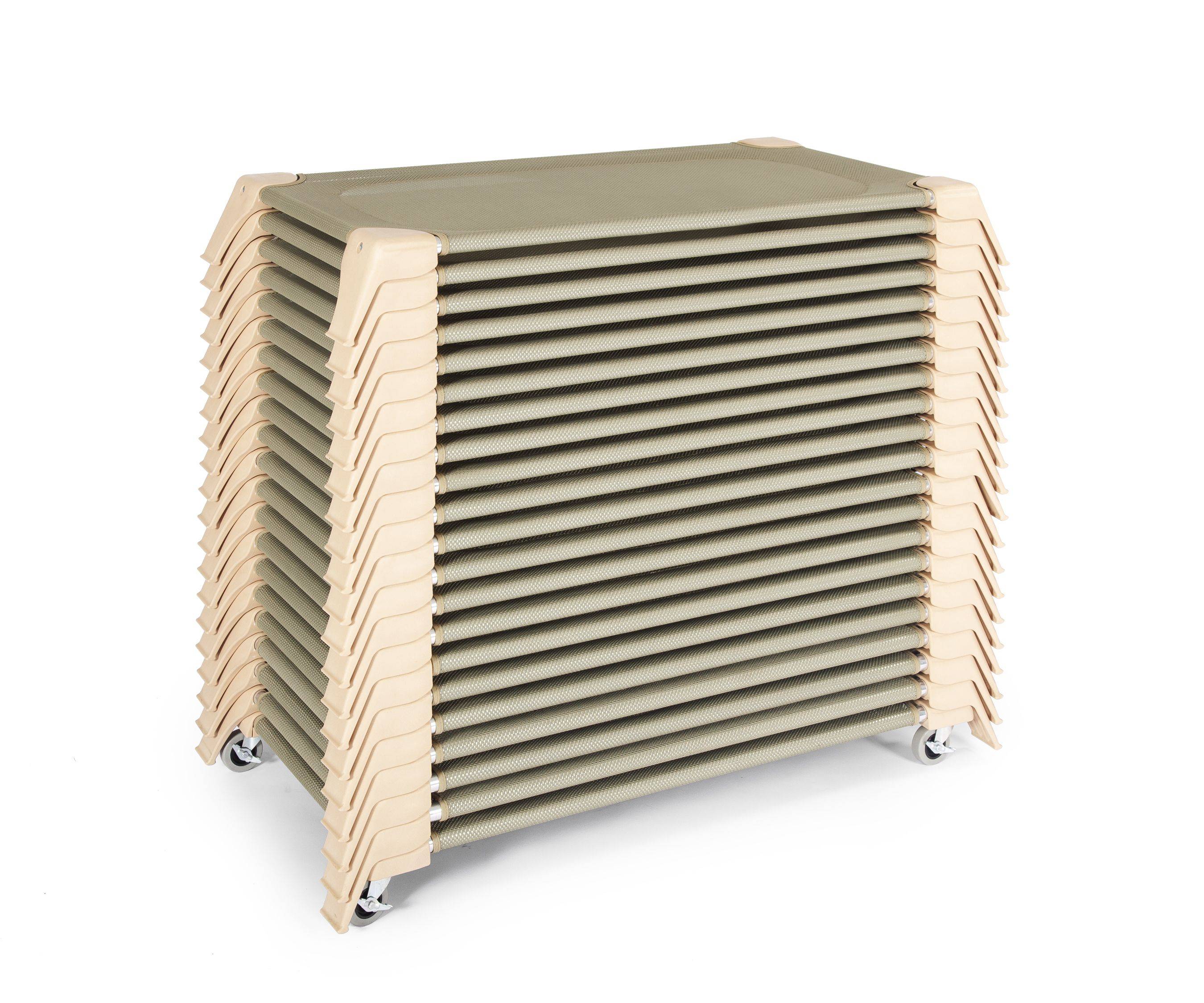 A stack of 15 beige cots with mesh sleeping surfaces, on a cot dolly with wheels.