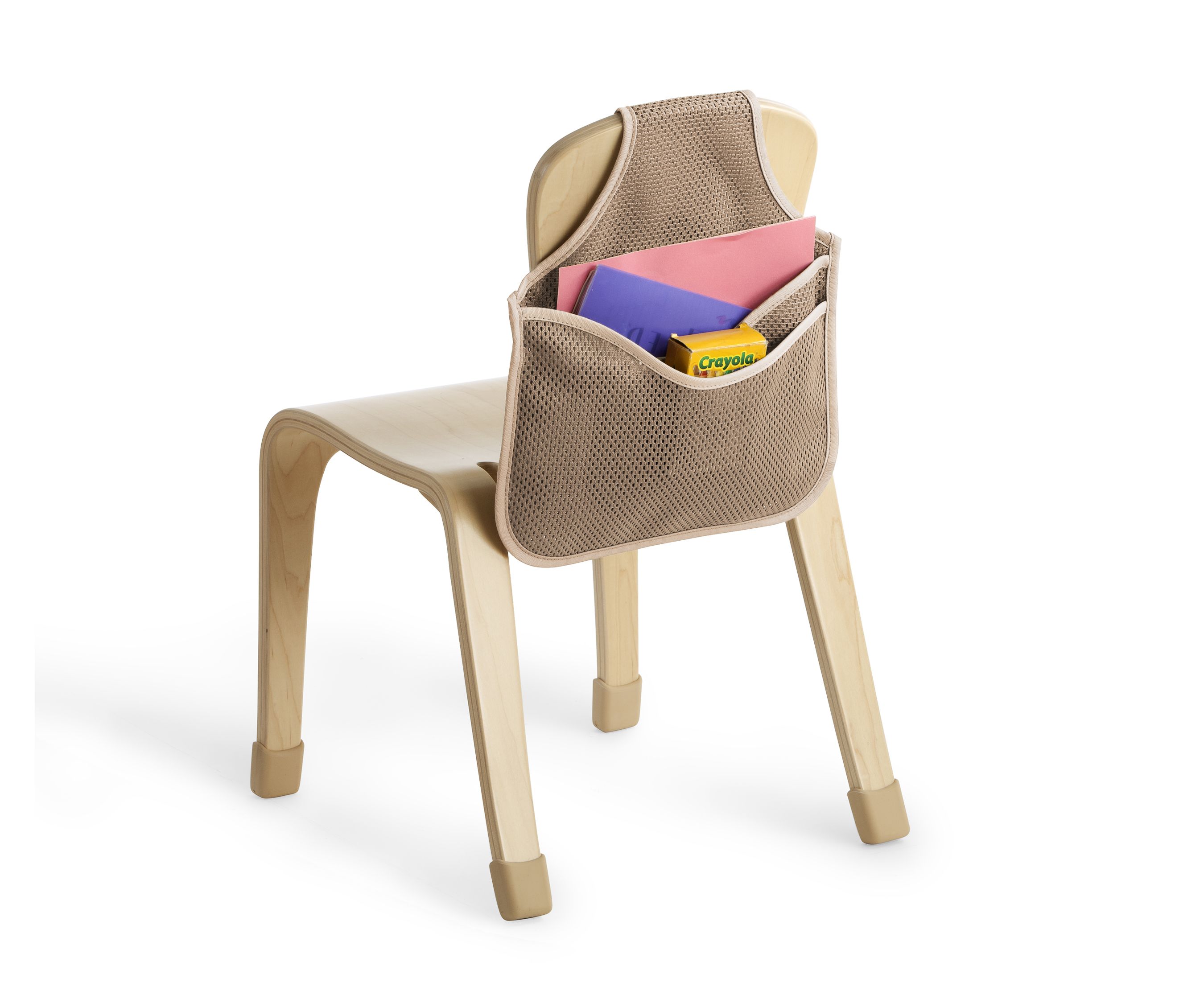 A book bag mounted on a classroom chair