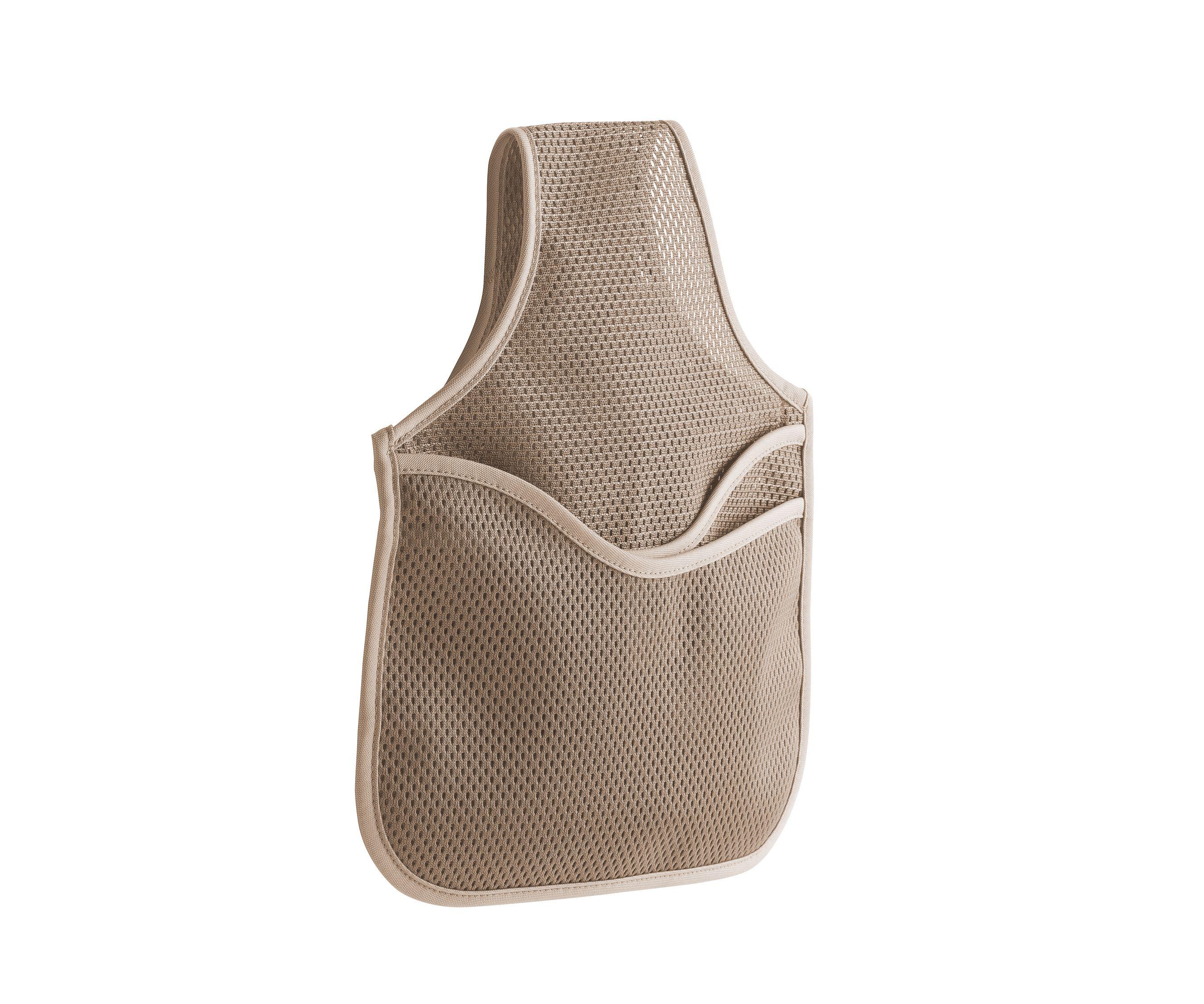 A beige mesh book bag with a top handle and a front pocket, designed to hang on a chair.