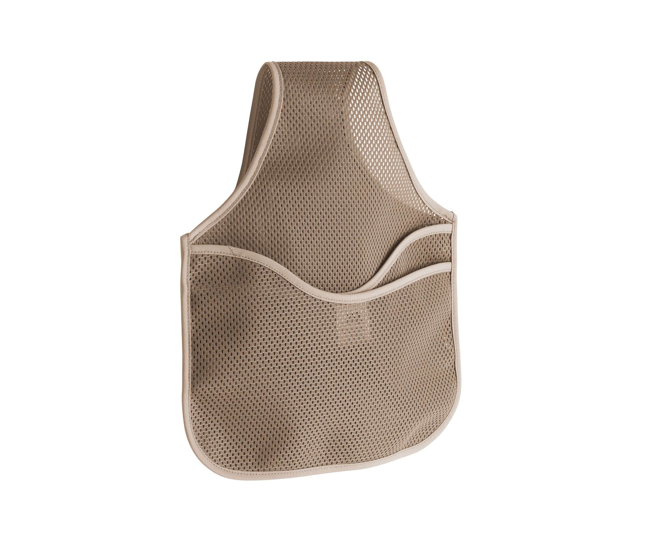 A tan mesh book bag for a chair, with a large main pocket and a smaller front pocket.