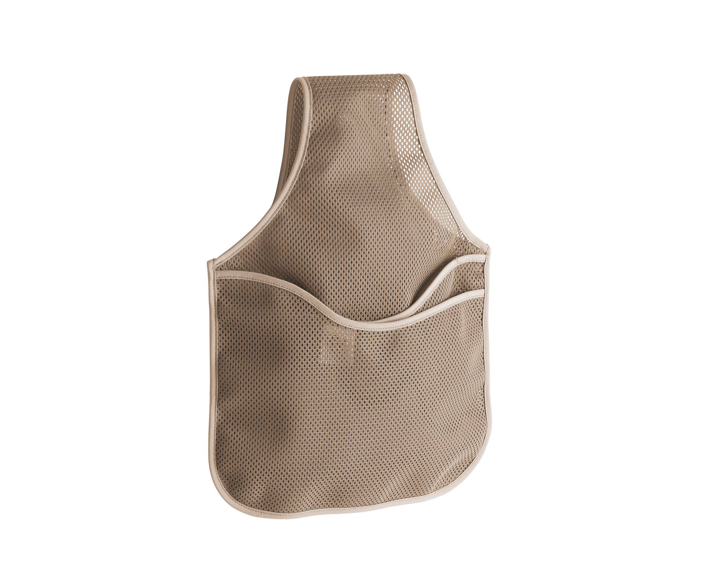 A beige mesh book bag with a pocket, designed to hang over a chair back.