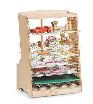 A drying rack with children’s artwork