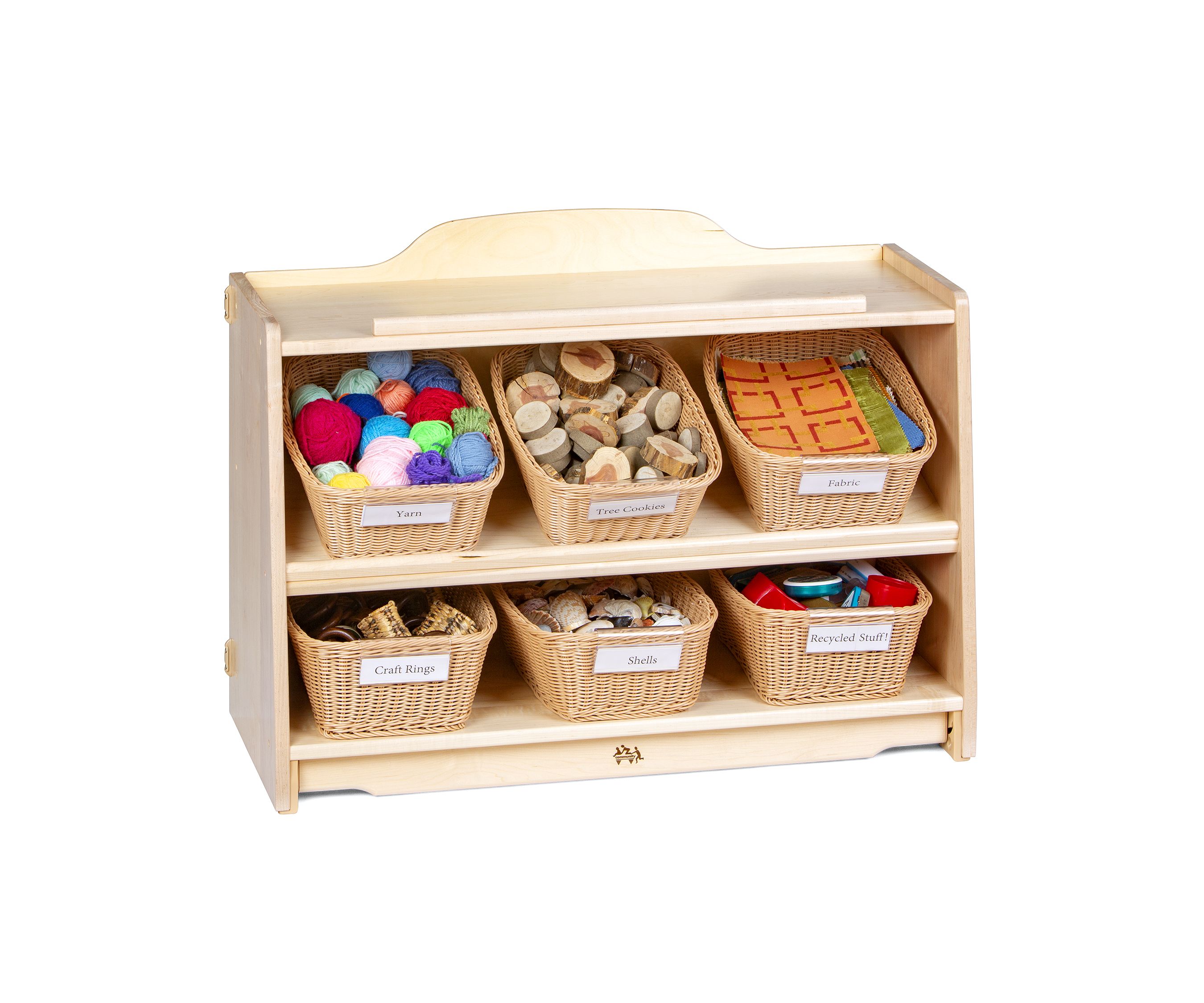 Craft shelf with baskets containing art material