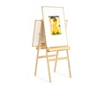 An easel with two whiteboards, one in landscape and one in portrait orientation, and a children’s picture attached with magnets onto one of the whiteboards