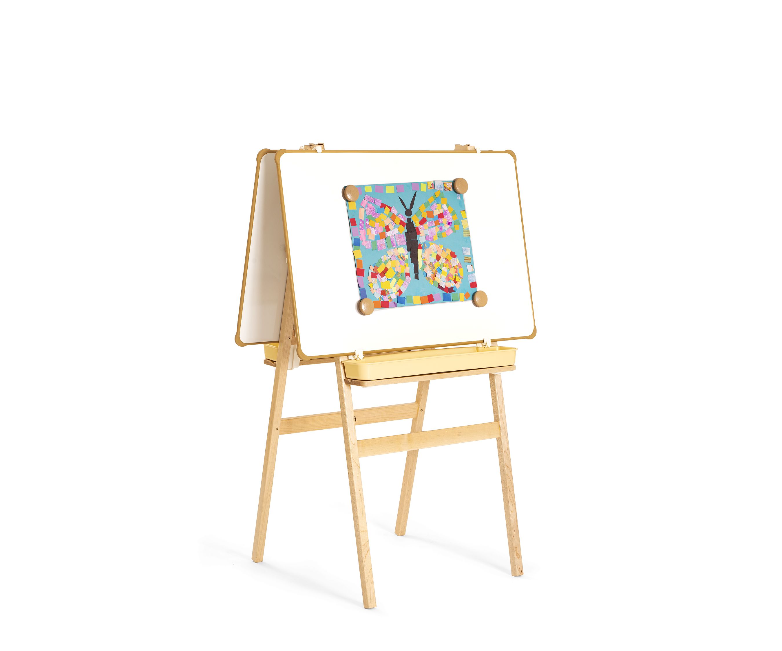 An easel with two whiteboards mounted in landscape orientation, and a children’s picture attached with magnets onto one of the whiteboards