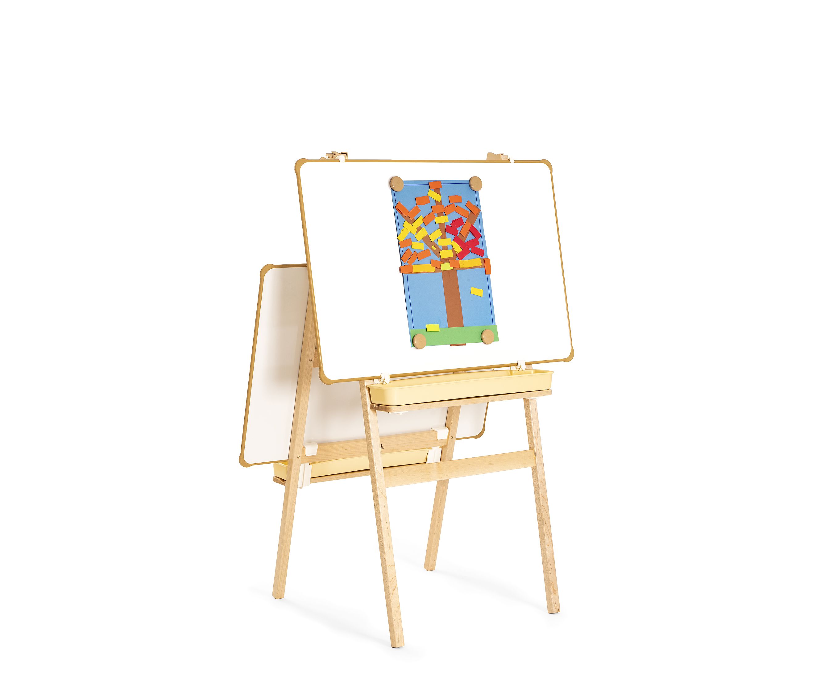 An easel with two whiteboards mounted in landscape orientation at different heights, and a children’s picture attached with magnets onto one of the whiteboards
