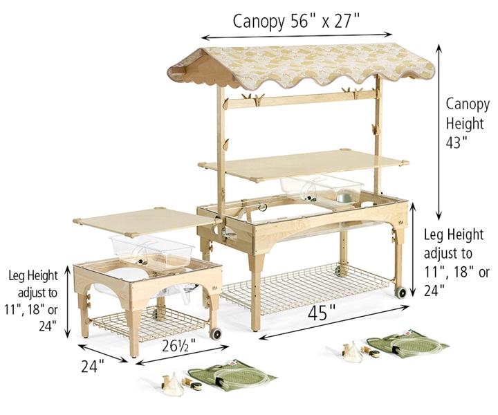 Dimensions of A630 Universal Sand  Water Center with A631 Large Clear Table and A634 Small Clear Table