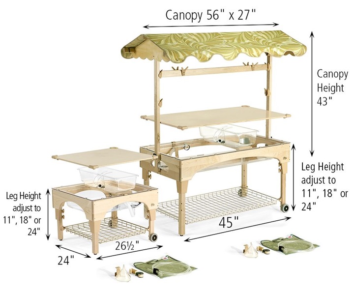 Dimensions of A630 Universal Sand  Water Center with A631 Large Clear Table and A634 Small Clear Table