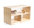 A low shelf with transparent back, containing art and craft material