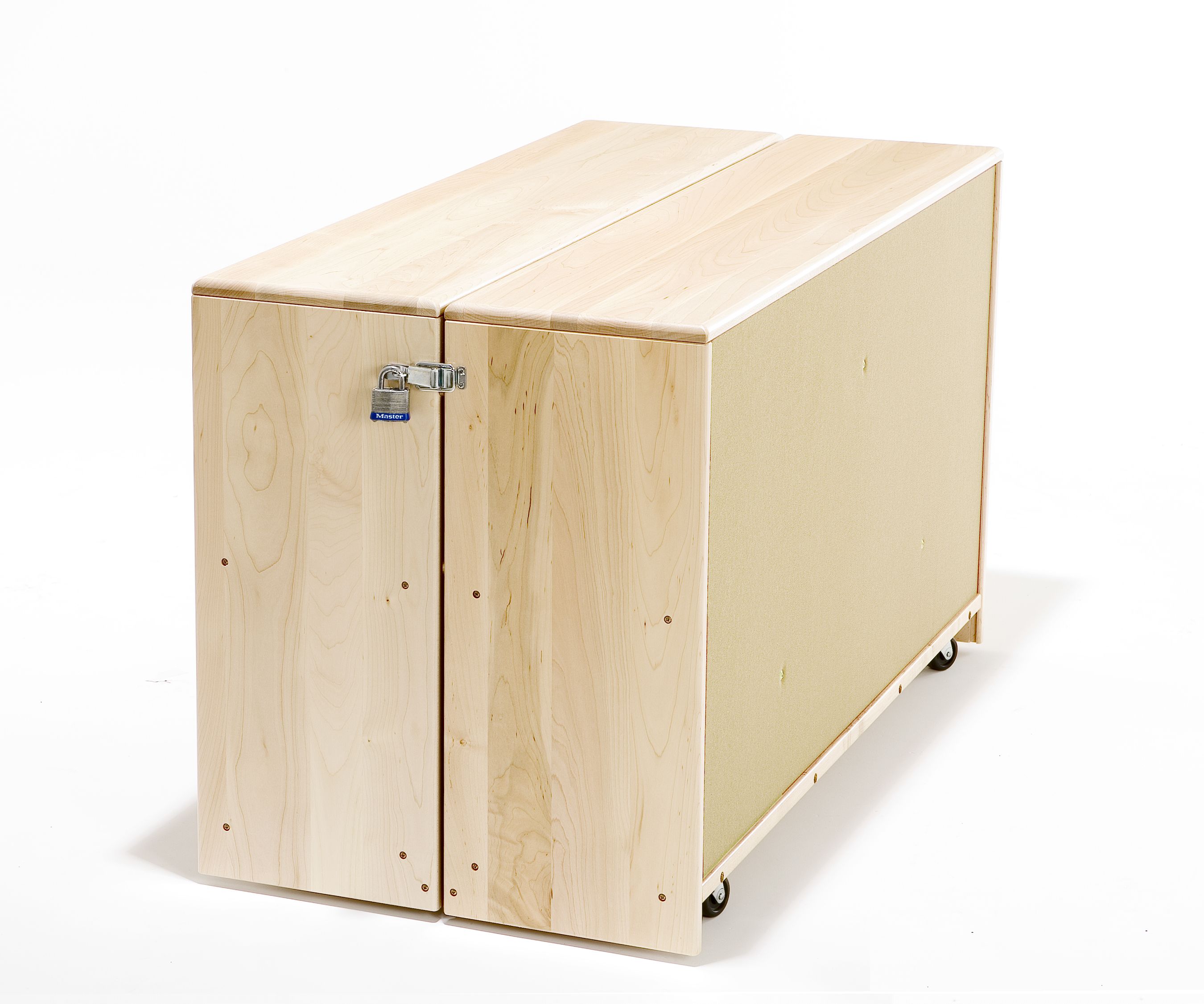 Two shelves on wheels facing each other, locked together