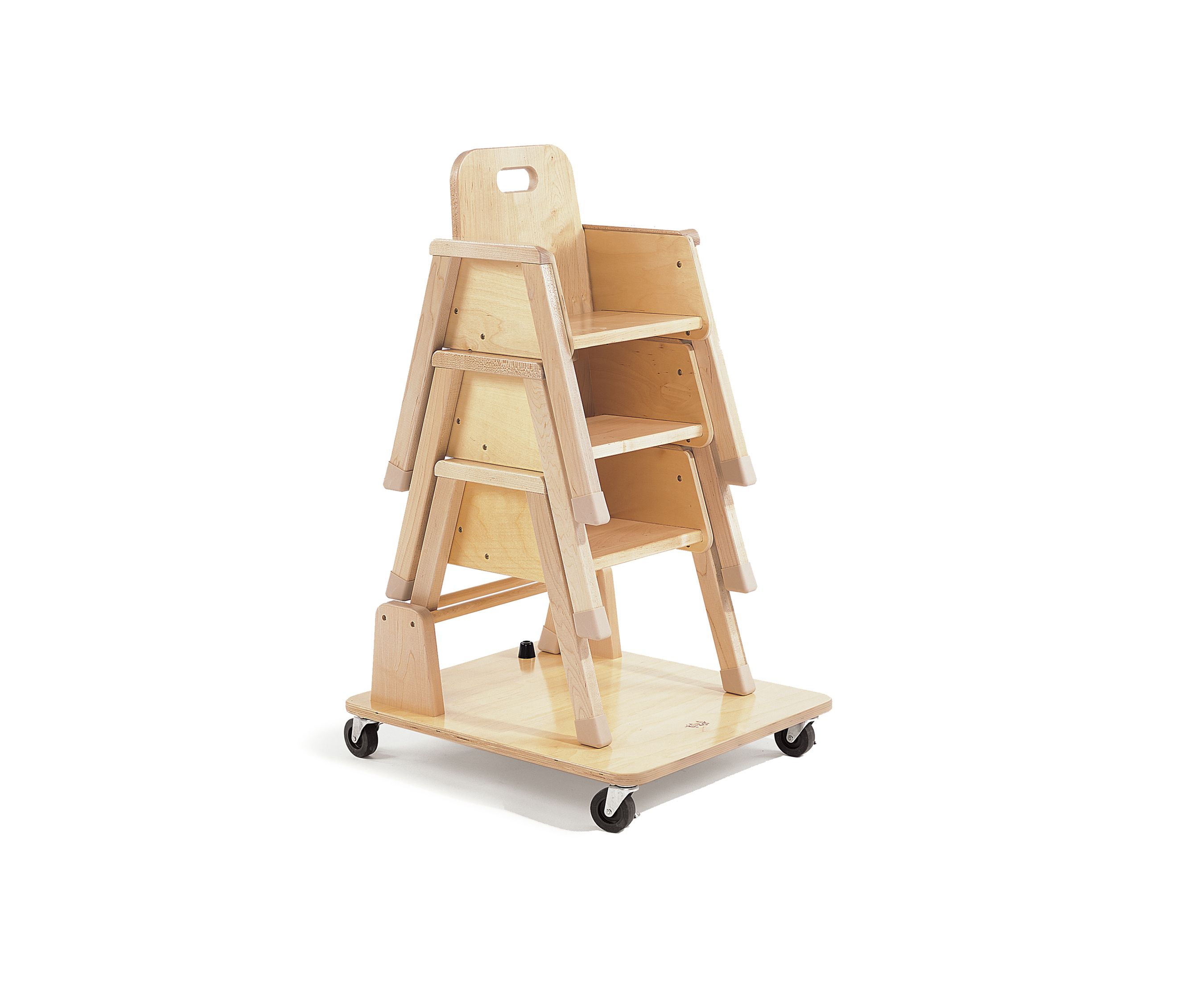 Three chairs stacked on a chair dolly