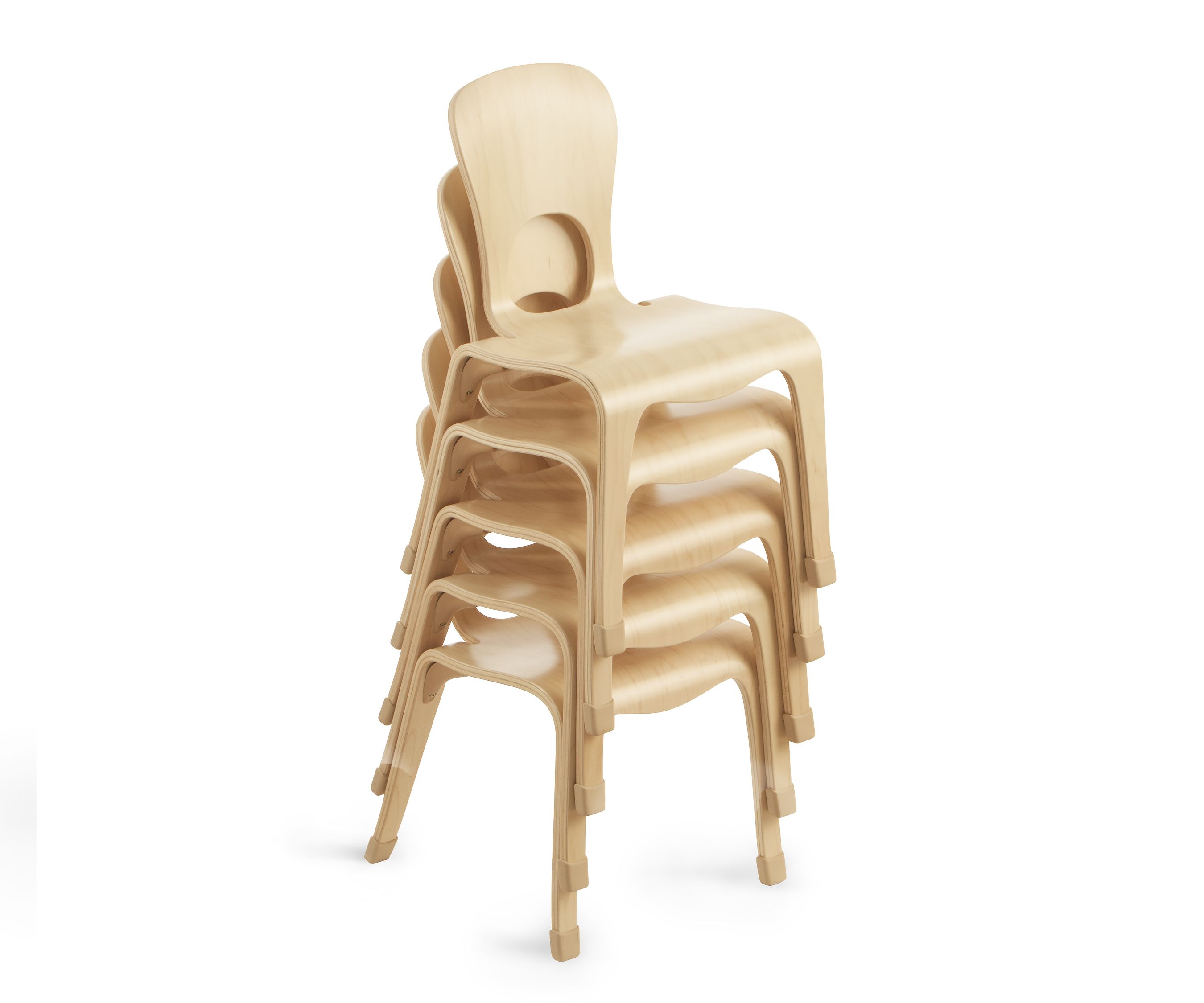 A stack of wooden classroom chairs