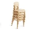 A stack of wooden classroom chairs