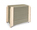 A stack of cots, the lowest cot in the stack has wheels
