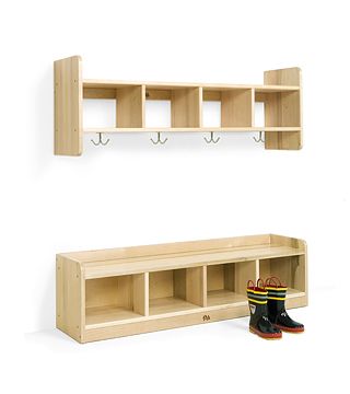 Solid wood coat hooks and boot lockers with a pair of wellies standing in front