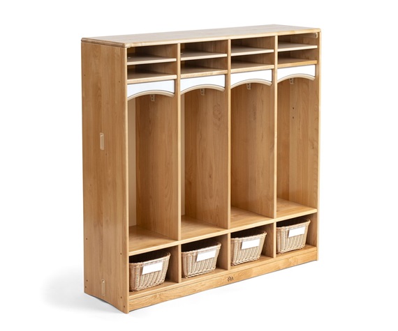 Four solid wood preschool cubbies with baskets