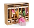 Child storing footwear in basket of Compact Toddler Cubby 6