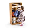 A girl is hanging up her jacket in a Prescool Cubby 2 with totes