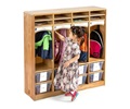 A girl is hanging up her jacket in a Preschool Cubby 4 with totes