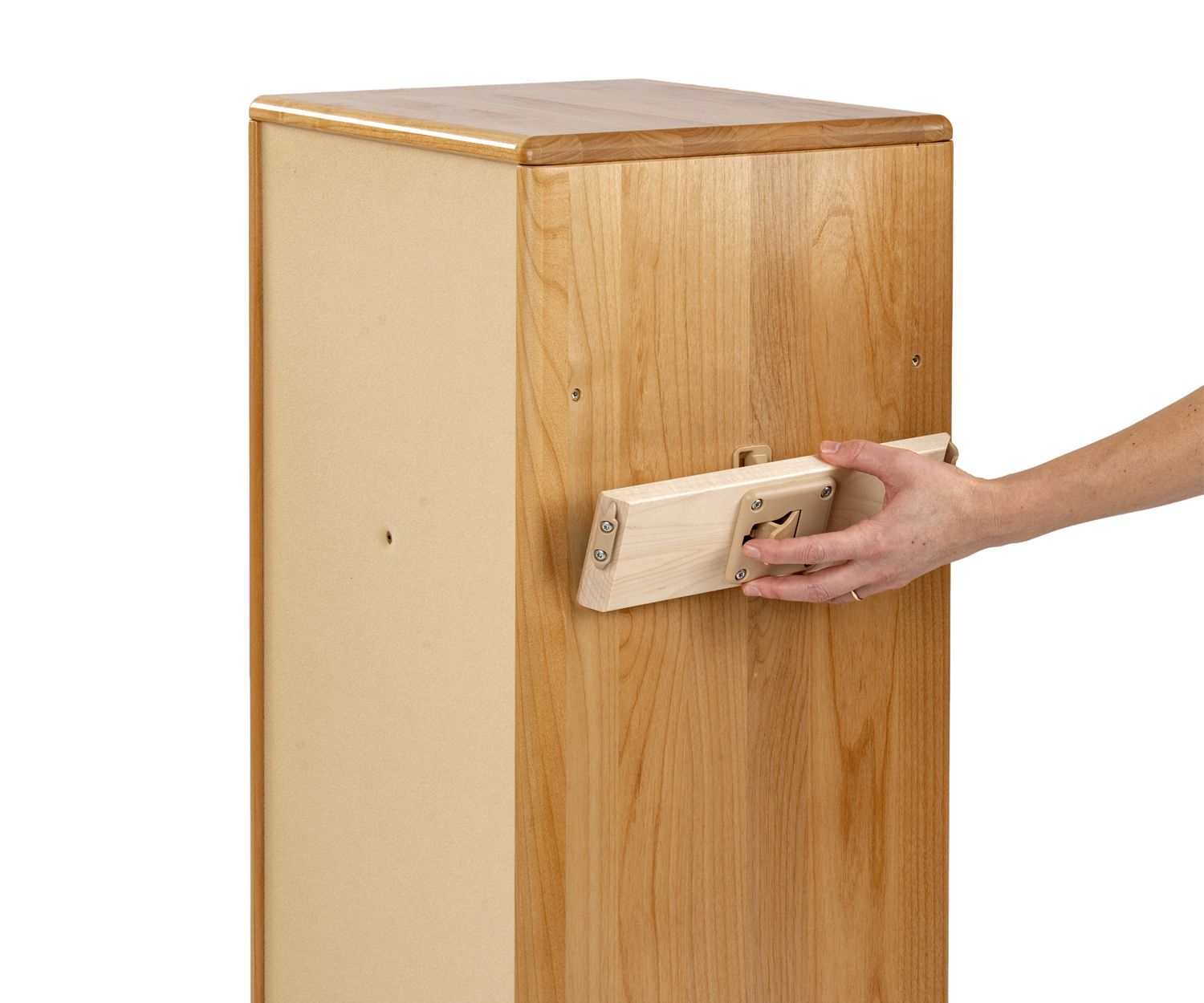 A hand demonstrating the use of a Roomscapes Adapter Kit for Cubbies