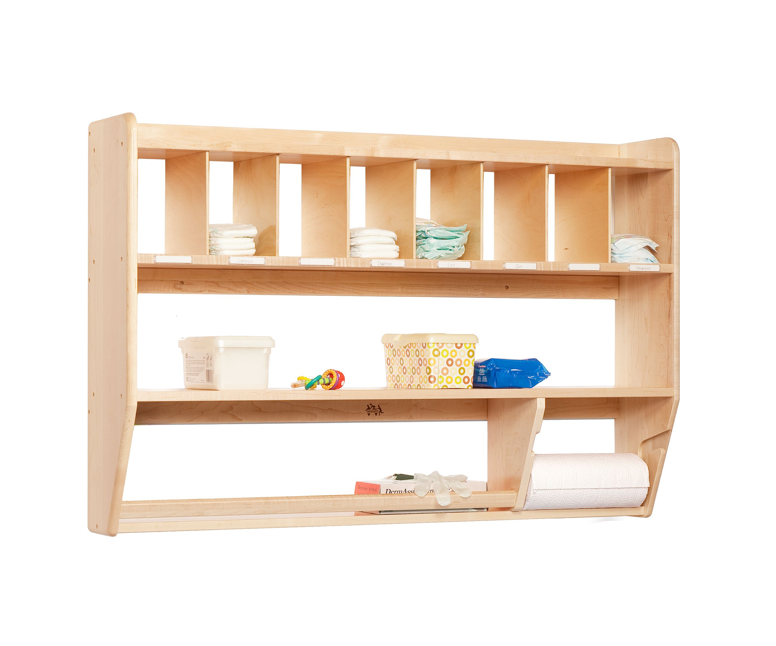 Wall-mounted shelf G28 with nappies, paper roll and other baby changing related items