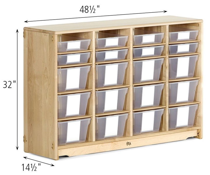 Dimensions of F687 Tote Shelf 4 x 32 with F891 Deep Tote, Clear and F881 Shallow Tote, Clear