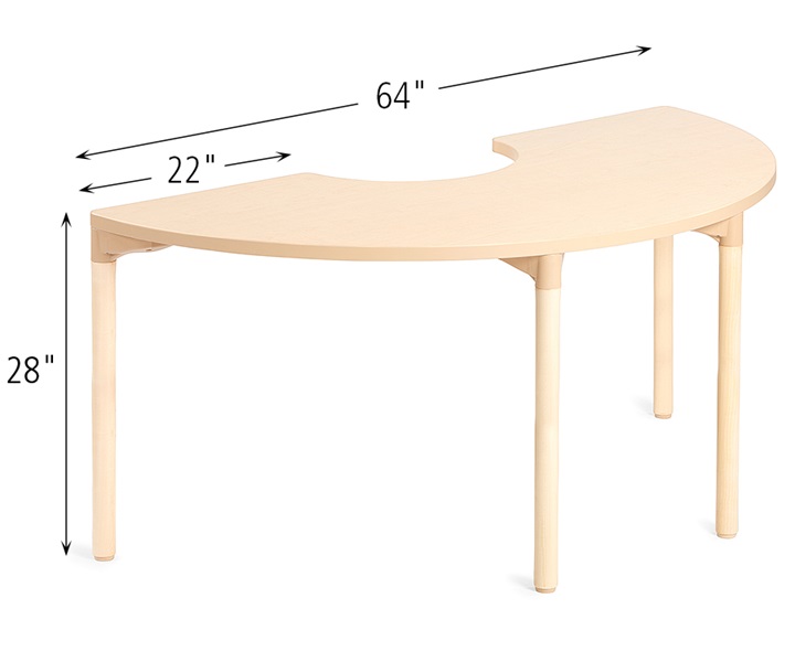 Dimensions of A835 Classroom Half Circle Table 64 with A861 Wood Leg for 28 Inch Table 4pack