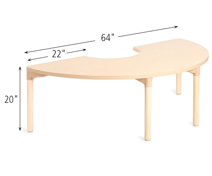 Dimensions of A835 Classroom Half Circle Table 64 with A885 Wood Leg for 20 Inch Table 4pack