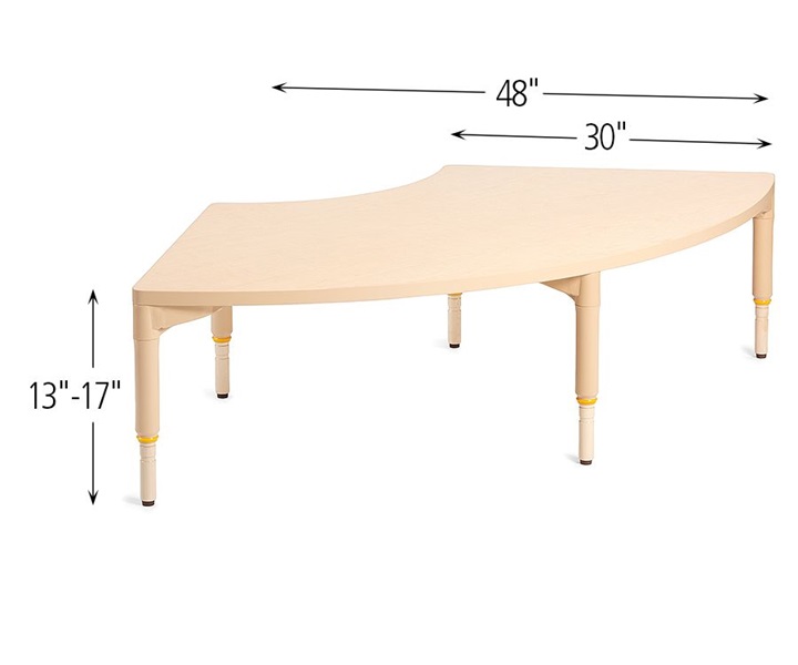 Dimensions of A845 Classroom Quarter Circle Table with A992 Adjustable Leg for Table, Low, 5pack