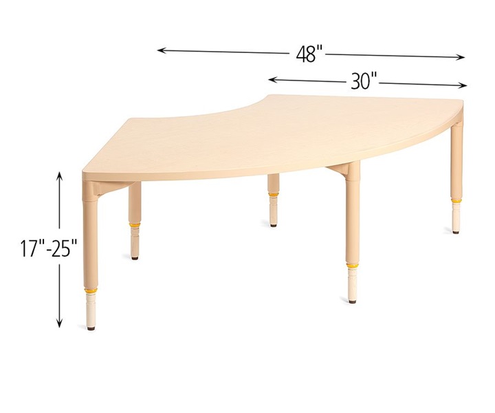 Dimensions of A845 Classroom Quarter Circle Table with A994 Adjustable Leg for Table, Medium, 5pack