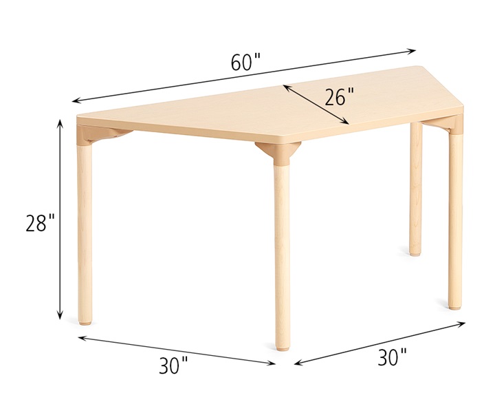 Dimensions of A851 Classroom Trapezoidal Table with A861 Wood Leg for 28 Inch Table 4pack